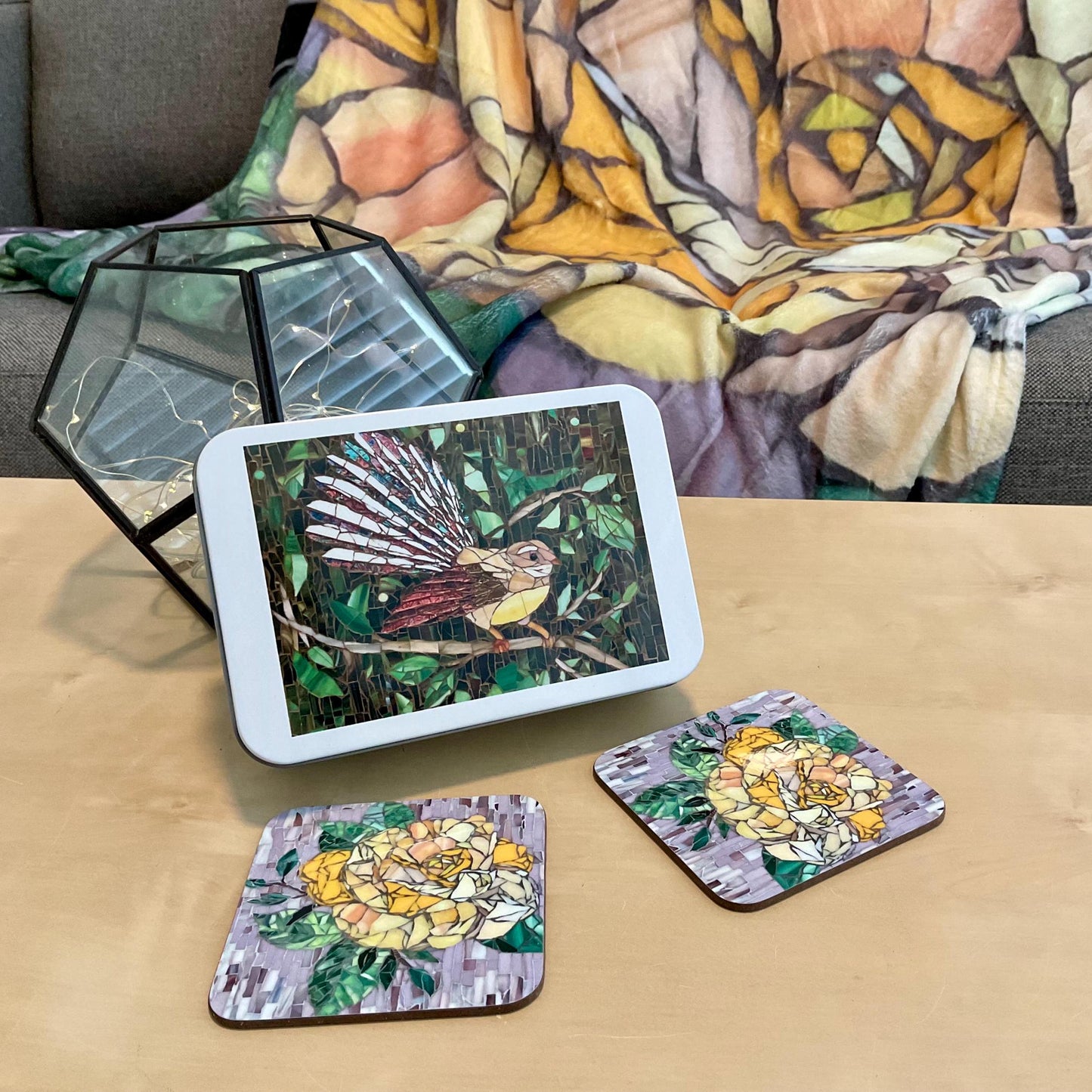 Cozy Gift Box with Rose Blanket, Fantail Bird Puzzle, and Coaster Set