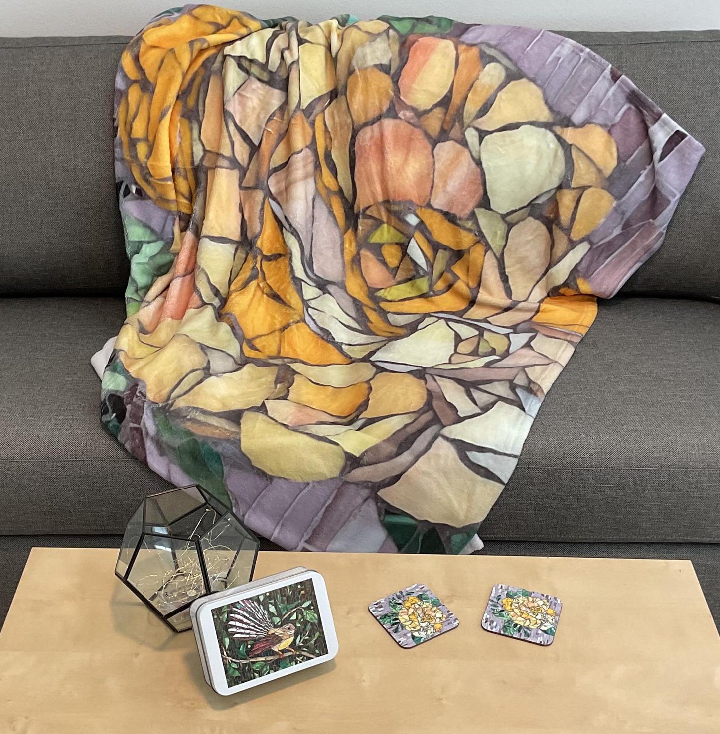 Cozy Gift Box with Rose Blanket, Fantail Bird Puzzle, and Coaster Set