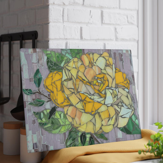 Yellow Rose Mosaic Cutting Board, Floral Glass Kitchen Decor, Unique Gift for Cook, Home Chef Present, Flower Design Cheese Platter,